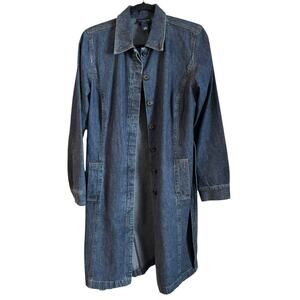 Vtg Ann Taylor Jeans Women Denim Jean Long Coat 10 Hidden Button Down Belt